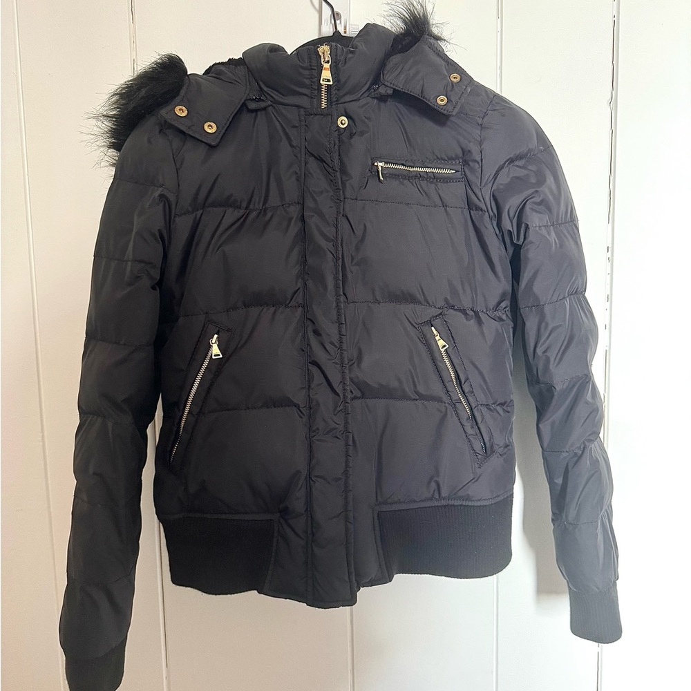 Express Black Puffer Jacket with Gold Accents with Removable hood Size Small
